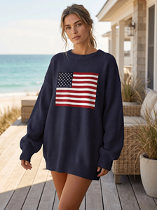 Maglione Casual da <span class=keywords><strong>Donna</strong></span> Personalizzato con Motivo Bandiera USA, Pullover <span class=keywords><strong>Oversize</strong></span> alla Moda, Collo Tondo, Maniche Lunghe, Morbido Lavorato a Maglia - Product Image 3