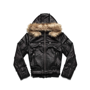 Blouson aviateur personnalisé en fausse fourrure cadrée, manteau bomber en cuir noir pour le streetwear, vente en gros, MOQ 50 pièces - Product Image 3