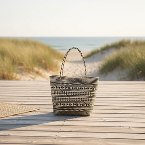 Eco-friendly <b>Straw</b> Tote <b>Bag</b> Geometric Woven Pattern Bohemian Style Open Top Shopping <b>Bag</b> All Seasons Use - Product Image 1