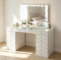 Table de toilette Voxhome avec plateau en verre blanc, miroir éclairé, armoire latérale, table à coiffeuse multi-tiroirs pour chambre à coucher, salon, meubles
