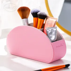 新设计的多功能豪华粉红色皮革桌面收纳盒pu皮革化妆化妆品收纳盒
