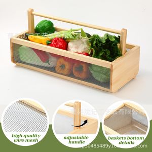 Wooden Storage Basket Rectangle With Wire Mesh Draining Function For Fruit <b>Vegetable</b> Farmhouse Use - Product Image 1