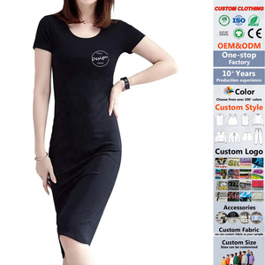 JL0622B Abito in Maglia di Cotone Nero con Collo Tondo e Maniche Corte, Gonna Lunga Plissettata per Donna - Product Image 1