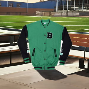 Veste universitaire en satin personnalisée pour hommes, veste de sport d'équipe de guerriers vert/noir, style vintage fini ODM pour la saison d'hiver - Product Image 1