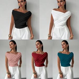 Haut court asymétrique drapé <span class=keywords><strong>sans</strong></span> bretelles pour <span class=keywords><strong>femme</strong></span>, coupe ajustée, <span class=keywords><strong>sans</strong></span> manches, froncé, style bodycon, idéal pour l'é<span class=keywords><strong>t</strong></span>é - Product Image 2