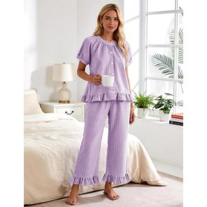 Womens Striped Pajama Set 2 Piece Cotton Short Sleeve Button <b>Down</b> Top Long <b>Pants</b> With Pockets Soft Sleepwear Lounge Wear - Product Image 2