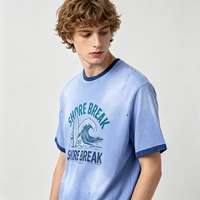 T-shirt Ringer Vintage Homme en Coton Épais Délavé au Soleil, Effet Usé, Motif Surf, Coupe Oversize, Manches Courtes