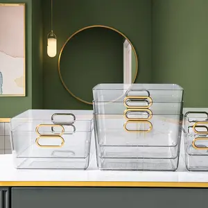 Home Plastic Gold Desk Bathroom PET Durable Transparent Storage Organizer Box with Handle