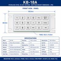Clavier numérique industriel en acier inoxydable KB-18A personnalisé, étanche IP65, 18 touches, montage sur panneau, USB/PS2/RS232 pour terminal de télécommunications