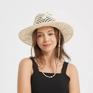 Mujeres Primavera Verano Boho beige hecho a mano cuerda de papel sombrero de ala grande Panamá pliegue ala ancha sombrero de paja