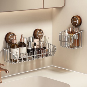 Stainless Steel <b>Suction</b> Wall Mount Bathroom Cosmetic Shelf Rectangular Durable Storage Basket - Product Image 1