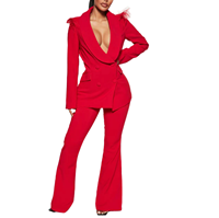 Produsen Terverifikasi Set Blazer Wanita Profesional Merah Model Double Breasted Berbulu Bordir 3D Elegan Eksekutif Custom OEM/ODM