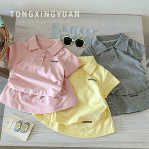 Tongxingyuan Girls Summer Set Polo <b>Top</b> Skirt Cotton Two Piece Outfit Solid Color Letters Thin Fabric - Product Image 1