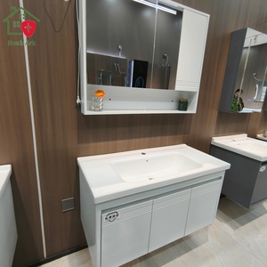 Nouvelle armoire de salle de bain blanche avec miroir en nid d'abeille, plateforme d'exposition non obstruée, lavabo blanc - Product Image 5