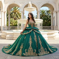 Robe de Quinceañera Jancember 8536 élégante vert chasseur, brodée baroque, en satin avec péplum, pour concours de beauté