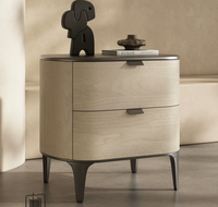 Mesa de Noche de Madera Maciza Moderna y Minimalista con Dos Cajones, Mesa Auxiliar Ajustable de Cuero para Dormitorio