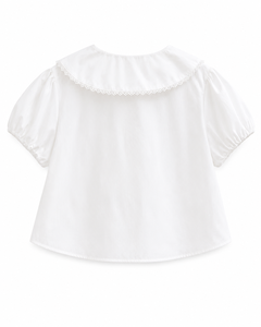 Elegante Blusa Blanca con Cuello Peter Pan, Mangas Abullonadas y Lazo Frontal para Moda Coreana - Product Image 2