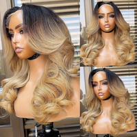 Perruque Body Wave en Cheveux Humains Ombrés Blond Miel avec Racines Foncées, Sans Colle, Dentelle HD Transparente, 100% Cheveux Humains Colorés