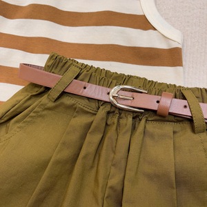 Ensemble de vêtements pour filles, haut rayé fin et short ceinturé, deux pièces, pour un usage quotidien en plein air et décontracté - Product Image 5