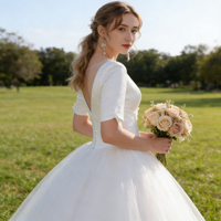 Robe de mariée élégante en satin à manches mi-longues, robe de mariée simple longue jusqu'au sol, blanc/ivoire, disponible en grandes tailles