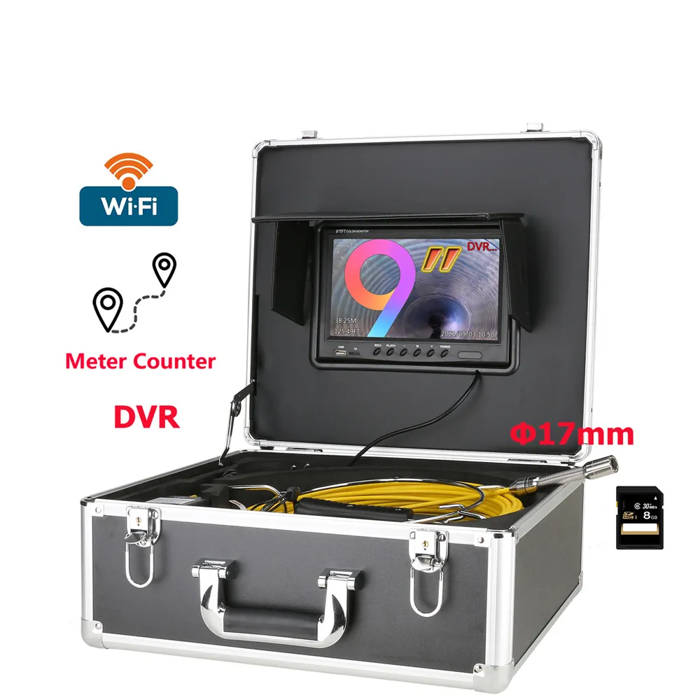 9" Wireless WiFi DVR 20M-50M Pipe Inspection Video Camera 17MM 8GB SD Card Drain Sewer Pipeline Industrial Endoscope Android/IOS