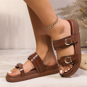 Women's Metal Buckle Flat Slides Outdoor Casual Thick Bottom Slippers Summer Comfortable Soft Sole Ladies <b>Beach</b> <b>Shoes</b> - Product Image 3