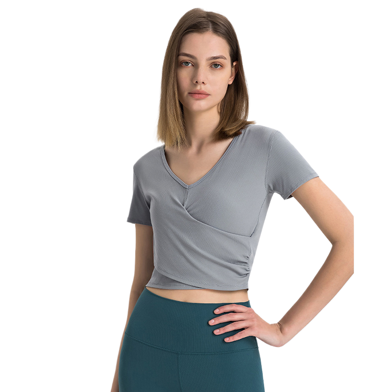 Summer Ribbed Deep V Neck Short Sleeve Breathable Quick Dry Four-Way Stretch Regular Fit Sports T-shirt Workout Yoga Activewear