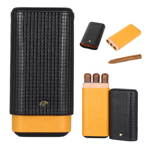 Cigar in Style Yellow Black Leather Cedar Wood 3Ct Adjustable Cigar Case Holder Humidor