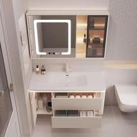 Meuble-lavabo mural blanc crème avec compartiment de rangement latéral, vasque intégrée et armoire avec miroir éclairé