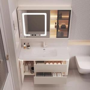Meuble-lavabo mural blanc crème avec tiroir, étagère ouverte, miroir intelligent LED et vasque intégrée - Product Image 2