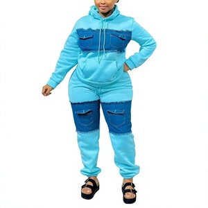 Women Denim Patchwork Tracksuit Set Hooded Long Sleeve Color Block Sweatshirt <b>Pants</b> Casual Plus Size Autumn Wear - Product Image 4