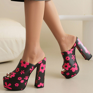 Sandales à talons hauts épais pour femmes, imprimé floral, bout ouvert, chaussures de soirée à plateforme épaisse - Product Image 5