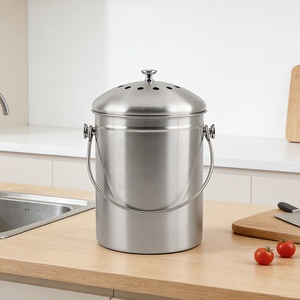 Cylindrical Storage Bucket for Indoor Use Stainless Steel <b>Kitchen</b> <b>Compost</b> <b>Bin</b> with Lid and Handle - Product Image 5