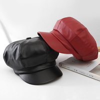 Lederen Krantenjongenspet Kwaliteit Fashion Artist Pu Leer Vrouwelijke Koreaanse Achthoekige Cap Lente Winter Casual Baret Vrouwen Platte Hoed