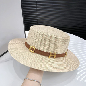 Chapeau de soleil d'<span class=keywords><strong>été</strong></span> à large bord en paille avec ceinture, style boater, chapeau de plage Panama à calotte plate pour <span class=keywords><strong>femme</strong></span> - Product Image 5