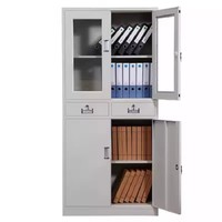 Armoire de classement en acier verrouillable avec porte vitrée, organisateur de documents visible, meuble de bureau à étagères réglables et serrure à clé