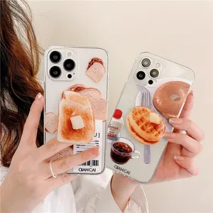 Case Transparan Transparan, Casing Roti Wafel Sarapan Label Korea untuk IPhone X XR XS 11 12 13 Pro Max, untuk Iphone 13, Case Roti Bening