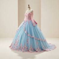 Robe de bal Quinceañera longue en tulle bouffant, épaules dénudées, manches longues, appliques florales 3D, peplum à volants, robe de princesse
