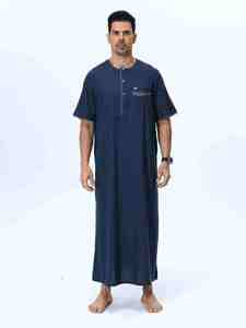 <b>Men's</b> Navy Blue Cotton <b>Thobe</b> Short Sleeve Floor Length Round Neck Loose Fit Casual Daily Wear All Seasons Solid Color - Product Image 1
