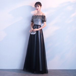 Vestido negro <span class=keywords><strong>de</strong></span> manga corta con hombros descubiertos para mujer, largo hasta el suelo, estilo veraniego, para <span class=keywords><strong>fiesta</strong></span> en la playa y graduación, venta al por mayor, 2020 - Product Image 5