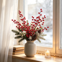 Ornement de Noël, branche de baies rouges artificielles de 53 cm, baies rouges brillantes artificielles, fleurs de Noël, décorations de mariage et de fêtes