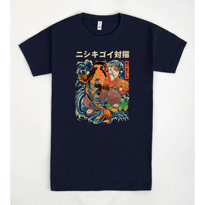 Camiseta Cat And Koi, diseño de arte japonés azul marino, ajuste unisex - Product Image 1