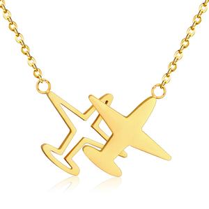 Collar de moda con colgante doble de avión, de acero inoxidable brillante, chapado en oro de 18K, con cadena de eslabones, joyería llamativa al por mayor - Product Image 1