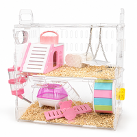 Kandang Hewan Kecil Akrilik Transparan Dua Lapis Habitat Baki Kayu Rumah Geser Horizontal untuk Hamster Gerbil Tikus Dalam Ruangan