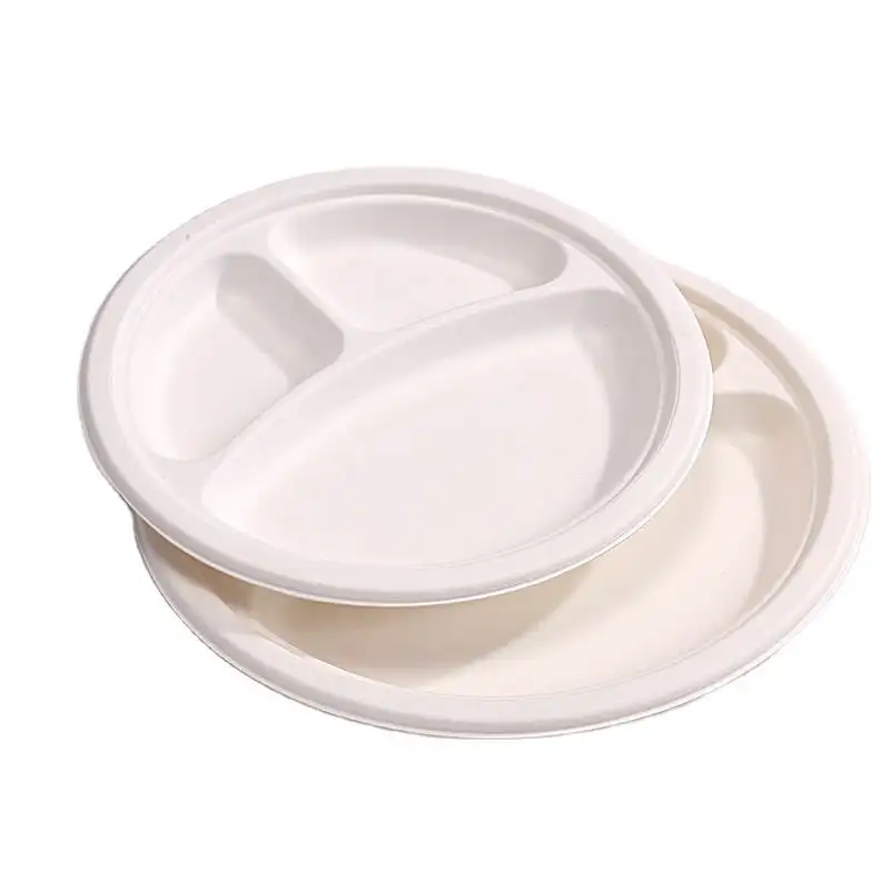 3 Compartment Plates Heavy-duty Disposable Paper Plates Biodegradable Sugarcane Bagasse Pulp Plates