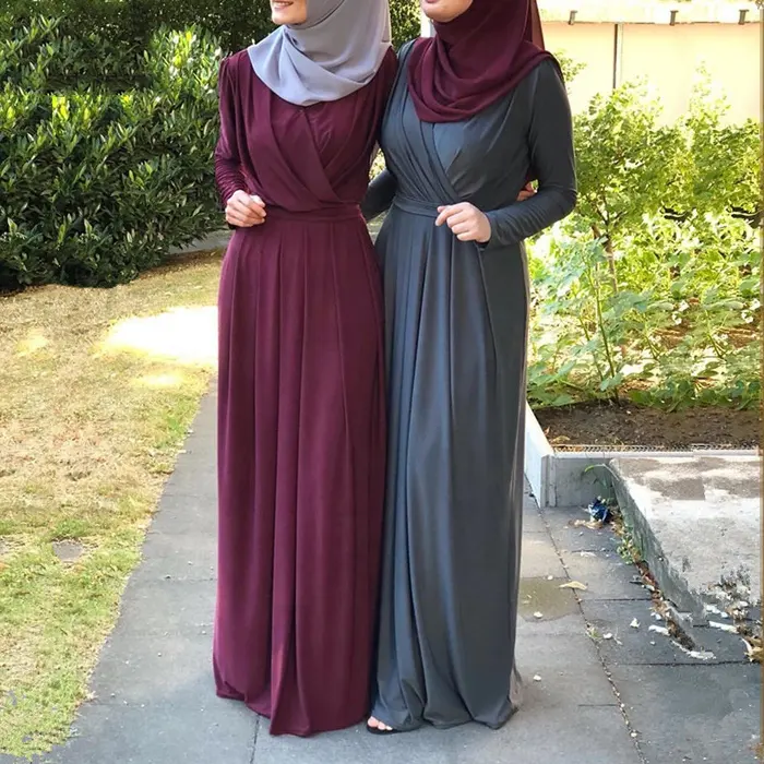 Gaun Muslim wanita, baju Kaftan Muslimah warna polos, Gaun kasual Burkas