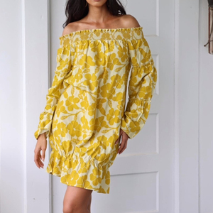 Robe midi ample à imprimé floral de style plage, de haute qualité, à épaules dénudées, personnalisée, 100% voile de rayonne - Product Image 3