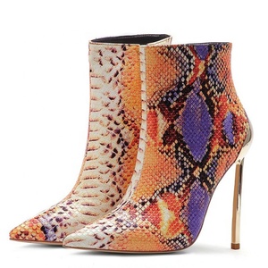 Blue Snakeskin Print Women High Heels Ankle <b>Boots</b> Large Size 45 Basic Metal Thin Heel Stiletto Dress Shoes Party Short <b>Boots</b> - Product Image 4
