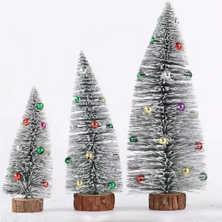Snow mini christmas trees plastic winter ornaments tabletop small christmas tree with bell pine and wood base