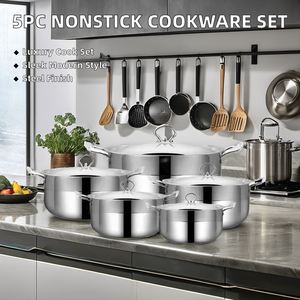 Modern 5pc <b>Nonstick</b> Stainless Steel Cookware Set with Glass Lids Gas & Induction Ready <b>Pot</b> Holder Included Eco-Friendly - Product Image 6